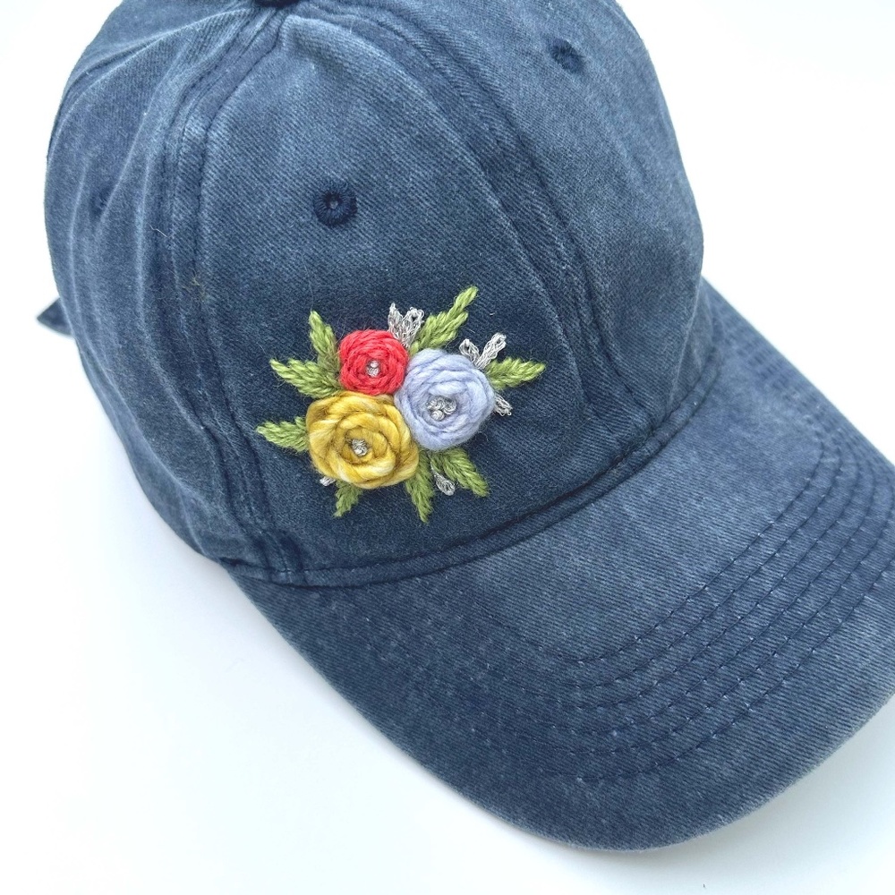 Hand Embroidered Baseball Cap Floral Navy Art Yarn Hat